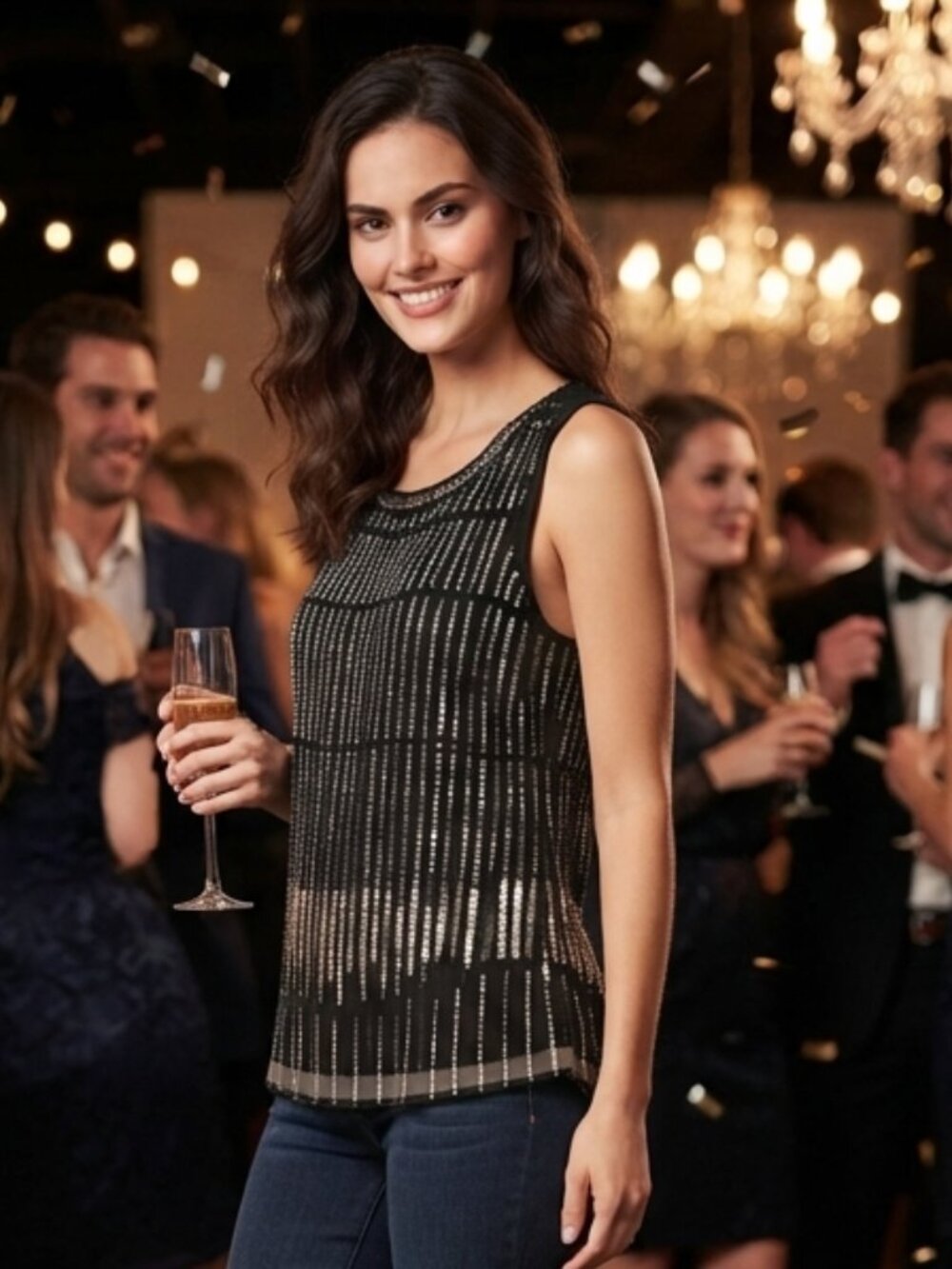 White House Black Market, Black & Silver Beaded Tank, LP